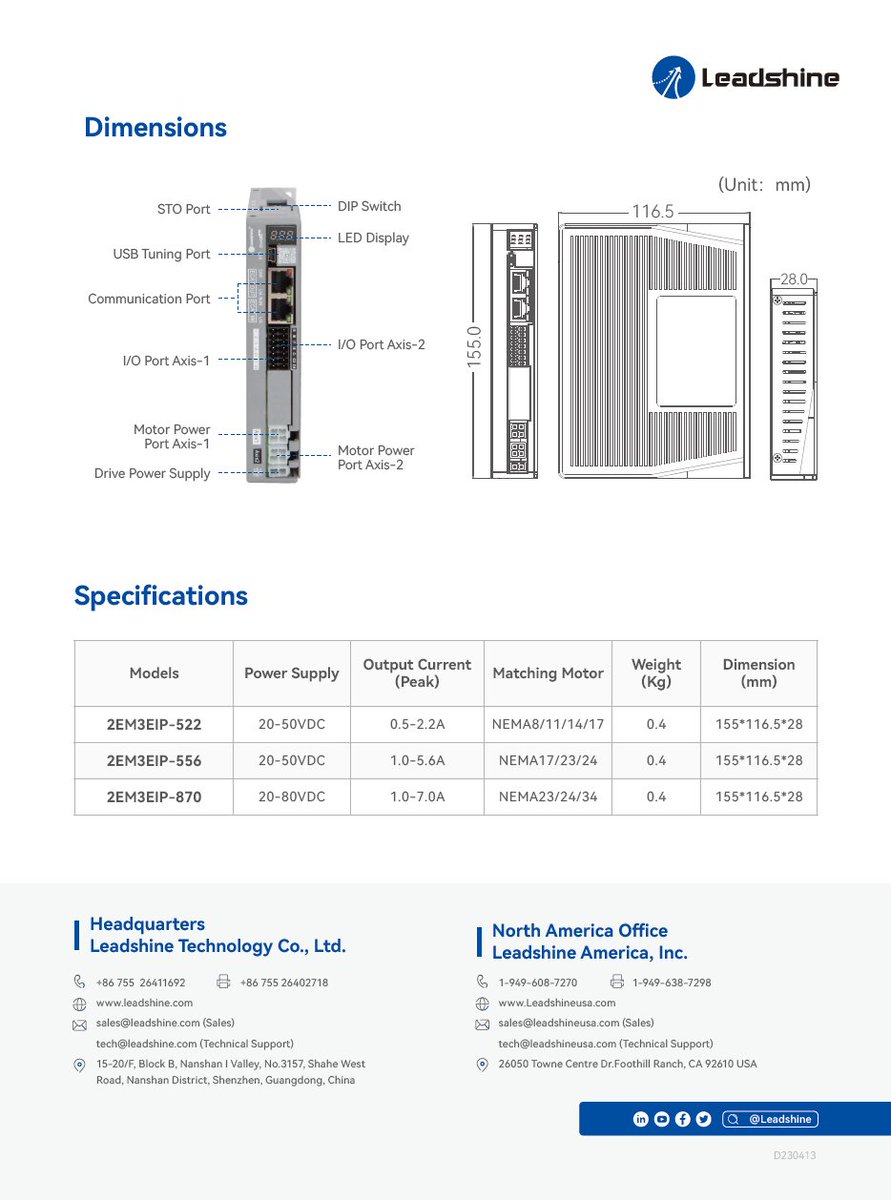 LEADSHINE_OFFIC's tweet image. 🚀 Leadshine Dual-axis EtherNet\IP Stepper Drives - 2EM3EIP Series

Advantages:
EtherNet/IP Communication
More Efficient by Dual-axis Control
STO Optional
Saving Mounting Space
Saving Cost

#dualaxis #EtherNetIP #stepperdrives #sto
leadshine.com/products/stepp…