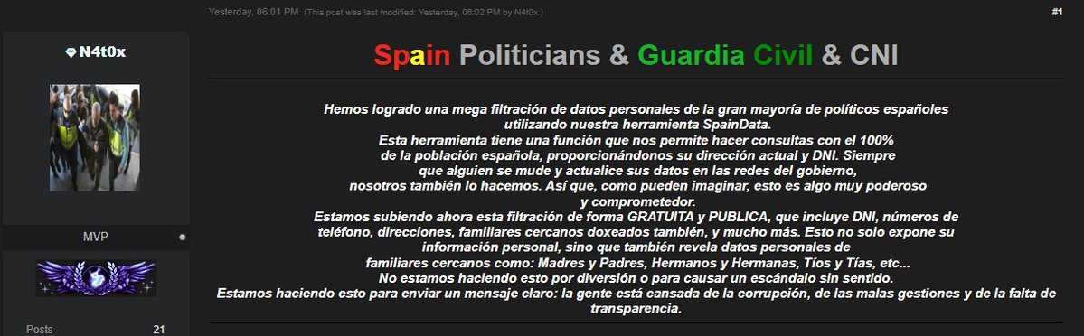 H4ckmanac's tweet image. 🚨Cyber Update‼️
🇪🇸Spain - Spanish police arrested two minors in Catalonia and Albacete for leaking confidential data of Prime Minister Pedro Sánchez, ministers, and intelligence agents via Telegram.
The main suspect, “N4t0X,” allegedly created a tool called SpainData,…