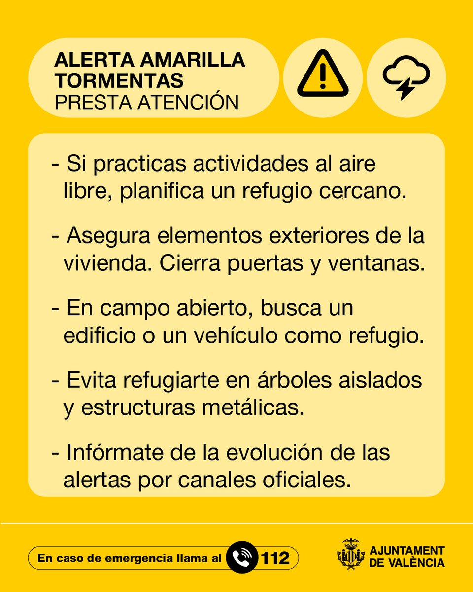 ⚠️ <a href="/GVA112/">Emergències 112CV</a> mantiene para hoy, viernes 10 de octubre, la preemergencia meteorológica por alerta naranja 🟠 por lluvias y amarilla 🟡 por tormentas en #València. 

Toma nota de estos consejos ⏬