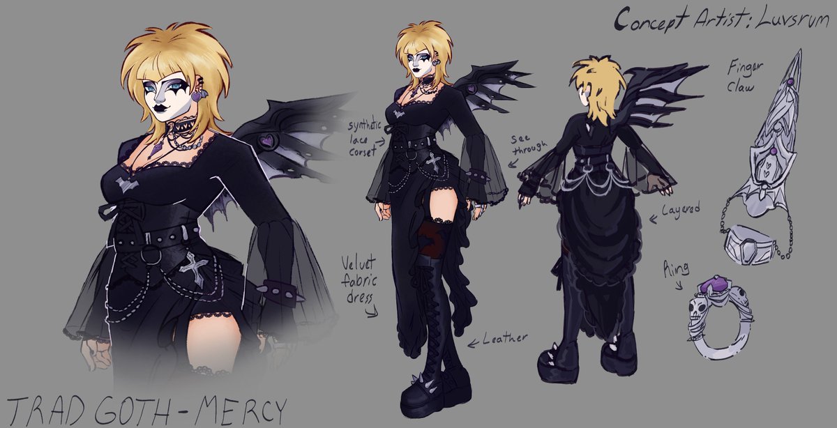 luvsrum's tweet image. made a trad goth #mercy skin concept!!! ive been seeing so many skin concepts going around and wanted to have a little try at making alternative skin concepts!! im planning to do more for my friends mains !!ヽ(*￣▽￣*)ノ
---
#Overwatch2 #Overwatch2fanart #conceptart