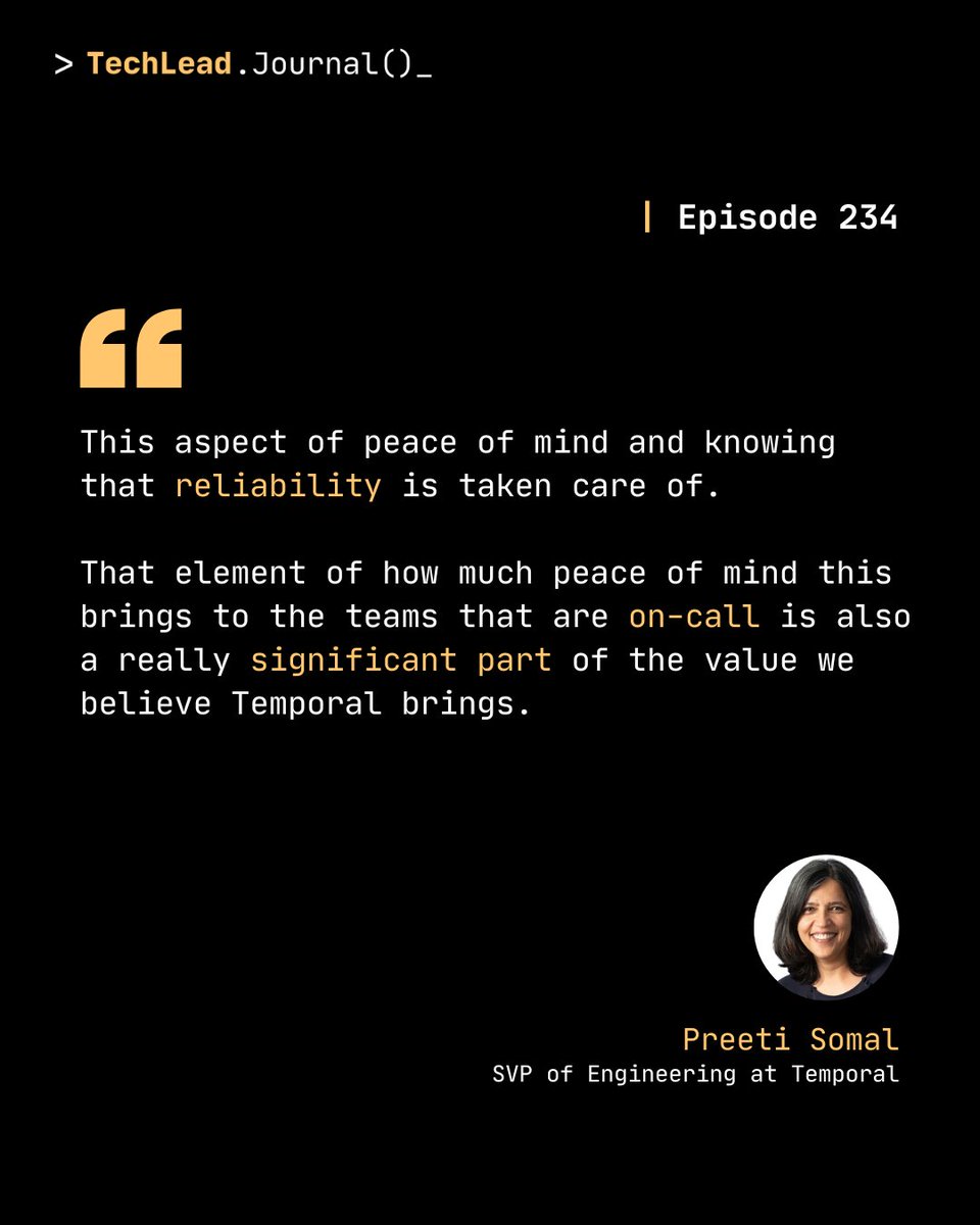 techleadjournal's tweet image. Beyond uptime, a key value of reliable systems is the &quot;peace of mind&quot; it brings to on-call teams. 

A crucial insight from Preeti Somal on #TechLeadJournal&apos;s latest episode.

Watch episode 234 and get full insights: youtube.com/watch?v=kODpCe…

Show Notes: techleadjournal.dev/episodes/234