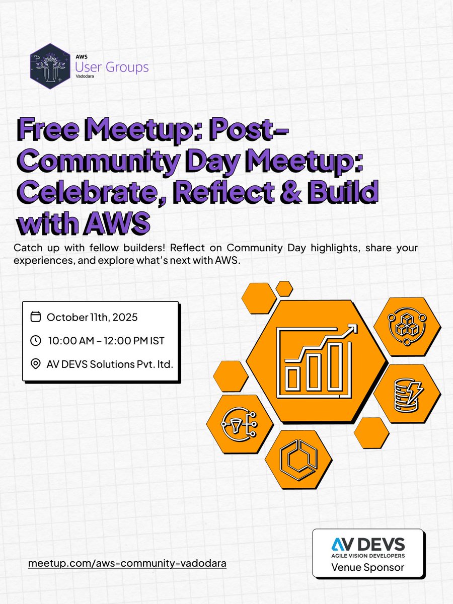 awsugbdq's tweet image. Missed Community Day? Don’t worry!
Catch up with the community, relive the highlights, and explore what’s next with AWS.
 Date: October 11th, 2025
 Time: 10:00 AM – 12:00 PM IST
 Venue: AV DEVS Solutions Pvt. Ltd.
Free Meetup | Limited Seats | RSVP now: meetup.com/aws-community-…