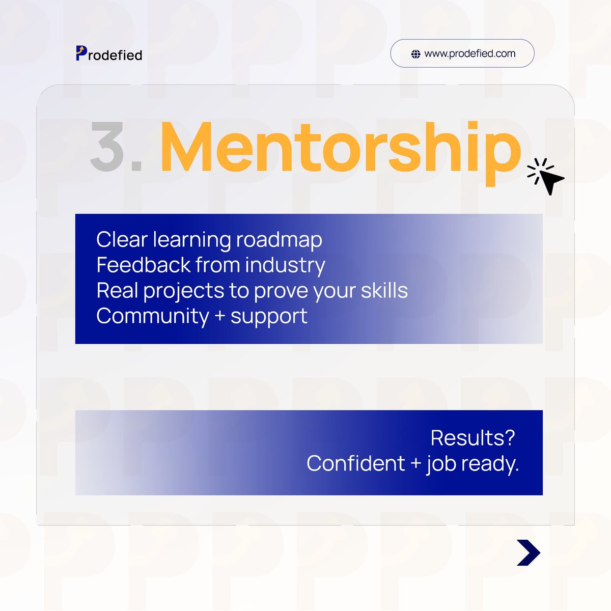prodefied's tweet photo. DIY = confusion 
Mentorship = clarity + job readiness 

The 20 week program is the bridge between when you are now confused and usure)-

To where you want to be (certified, confident and job ready).

Want to cross that bridge?

Sign up for the cohort now.
https://t.co/kOI2oix3W5 https://t.co/2bpmTAHuj6