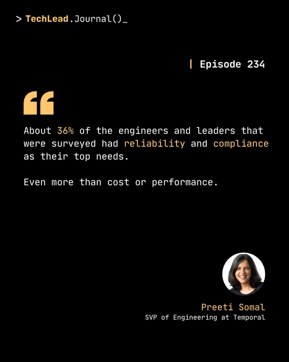 techleadjournal's tweet image. What do engineering leaders need most? 

A survey found 36% chose &quot;reliability and compliance as their top needs. Even more than cost or performance.&quot; From Preeti Somal on #TechLeadJournal 234.

Watch here: youtube.com/watch?v=kODpCe…

Show notes: techleadjournal.dev/episodes/234