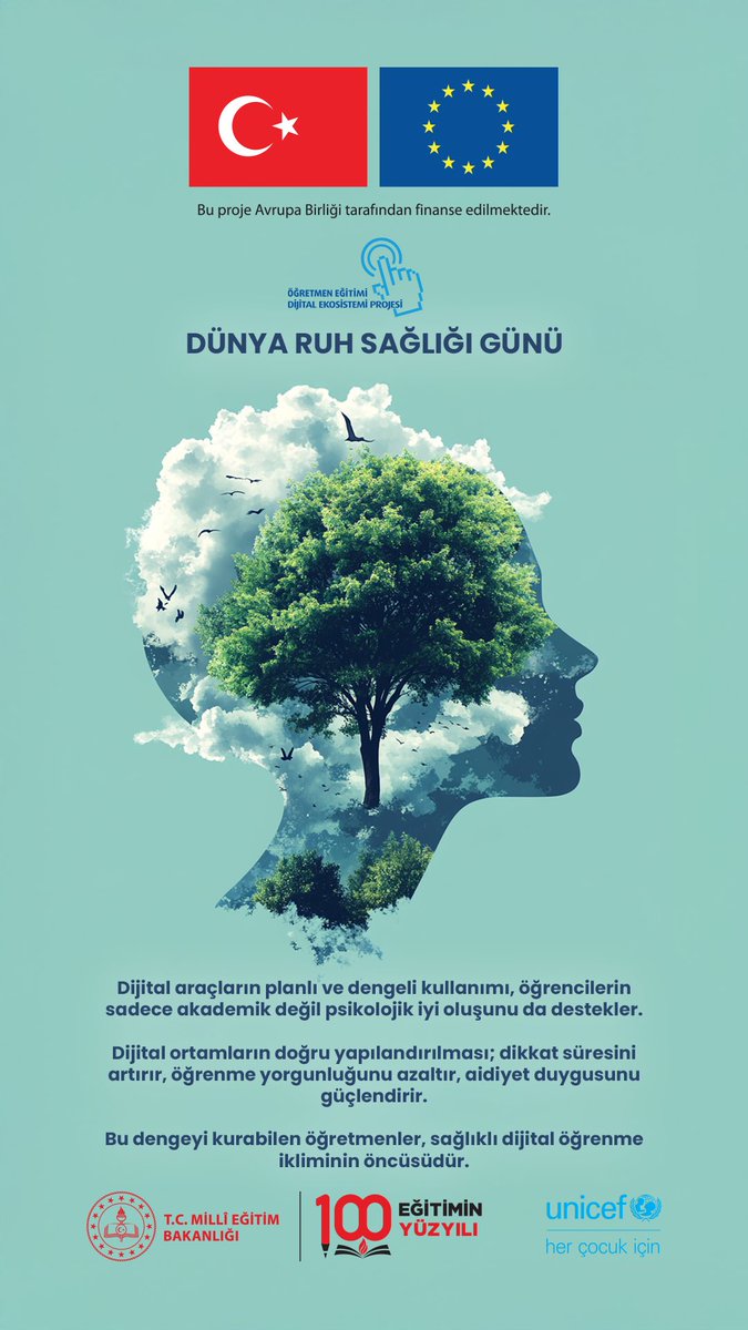A poster with Turkish and EU flags at the top, featuring a stylized silhouette of a female head composed of green trees and clouds symbolizing growth and nature, text in Turkish discussing balanced digital use for academic and psychological well-being on World Mental Health Day, logos of Ministry of National Education, EU, and UNICEF at the bottom marking 100th anniversary.