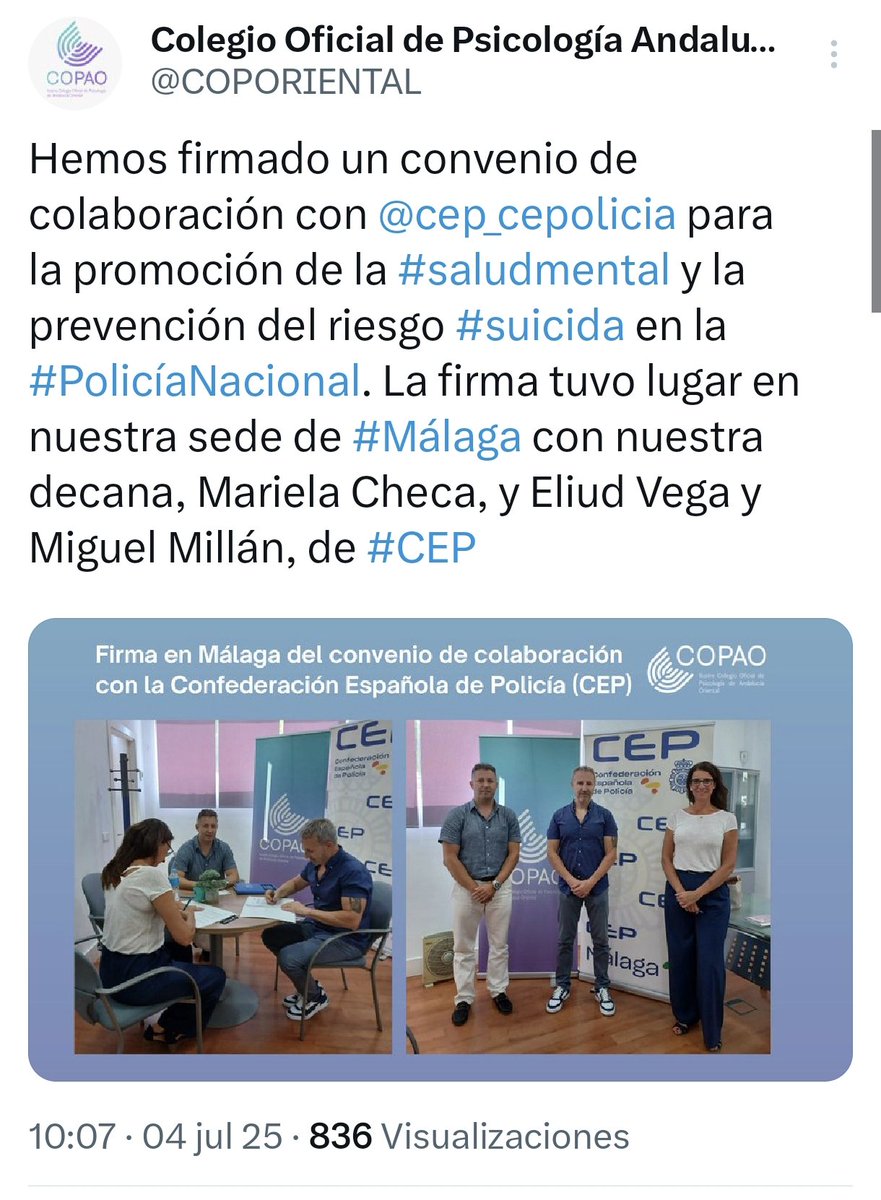 En el Día Mundial de la #SaludMental, desde <a href="/cep_cepolicia/">CEP</a> seguimos reclamando lo que es justo: un cuidado real y minucioso para nuestros <a href="/policia/">Policía Nacional</a>. Hemos puesto nuestro granito; ahora toca que <a href="/interiorgob/">Ministerio del Interior</a> invierta en sus 👮🏼‍♂️👮🏻‍♀️ y no en otros.
<a href="/COPORIENTAL/">Colegio Oficial de Psicología Andalucía Oriental</a> <a href="/GobiernoMalaga/">Subdelegación del Gobierno en Málaga</a>
🧠