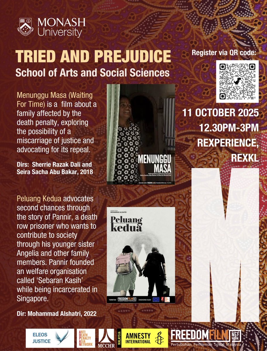 freedomfilmfest's tweet photo. Behind the laws are lives. Witness what the headlines won’t show you 📺

‘Tried and Prejudice’ is a powerful film series from Malaysia and Singapore, exposing the human cost of drug laws and the death penalty. 

🔗 Register now: https://t.co/JLb2BzbCgx https://t.co/vXJODigcBJ