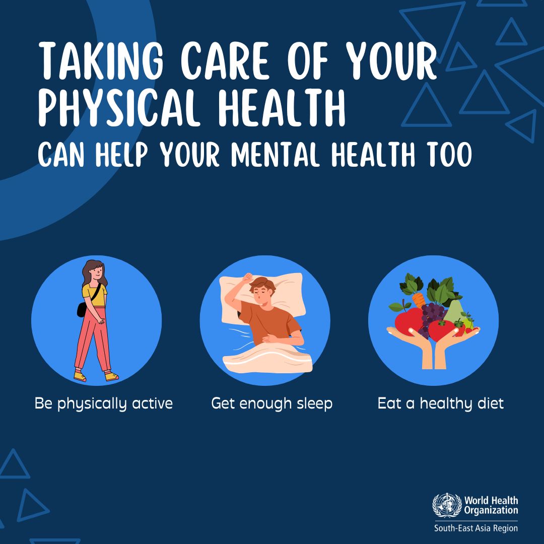 WHOSEARO's tweet image. Its #WorldMentalHealthDay!
Good physical health will help you look after your #mentalhealth.
Be physically active, eat healthy and sleep well. Take care of yourself.