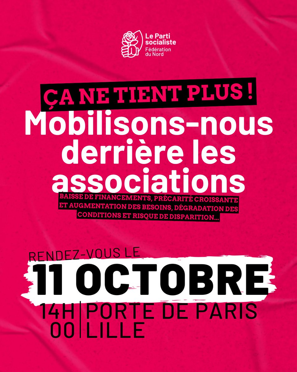 🔴 Baisse de financements, précarité croissante, dégradation des conditions et risque de disparition : le monde associatif est à bout de souffle !

➡️ Rendez-vous ce samedi 11 octobre à 14h à Porte de Paris à Lille pour une mobilisation derrière les associations.