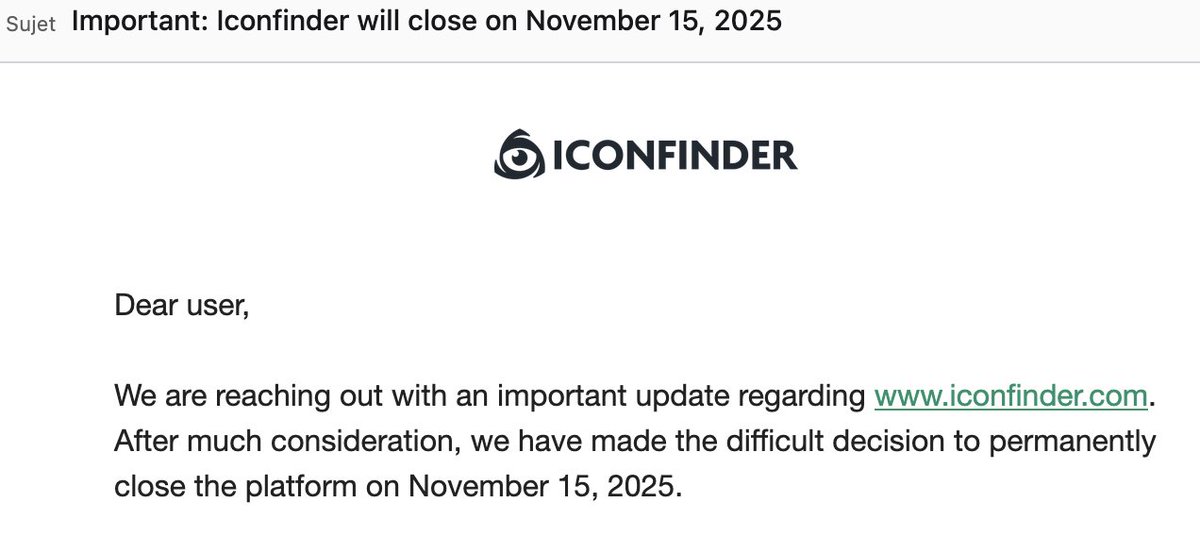 parcevaux's tweet image. Oh non, encore un service utile racheté, puis fermé. En même temps, avec l&apos;IA, ce genre de marché était malheureusement condamné d’avance.   #iconfinder