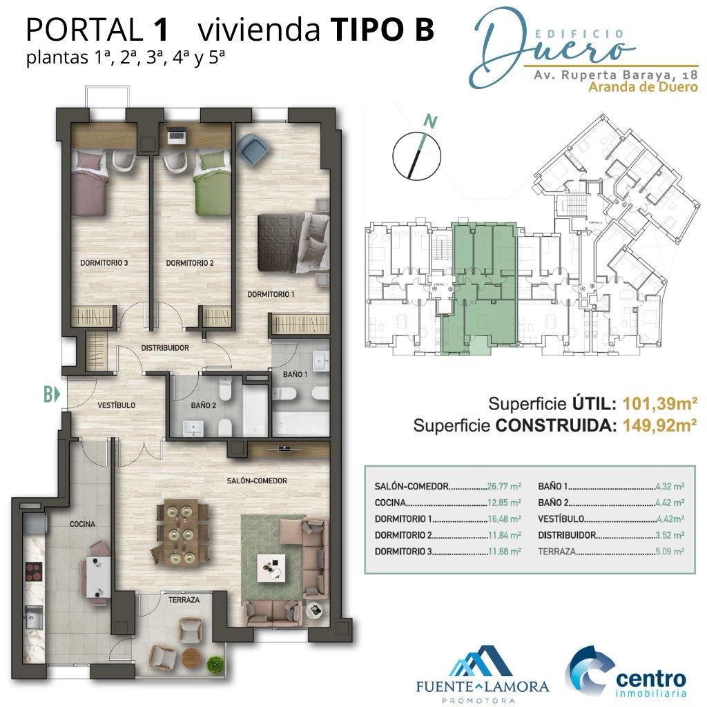 #Promoción en #ArandadeDuero: EDIFICIO DUERO #Viviendas de nueva generación. Máxima eficiencia energética y clasificación ‘A’. Portal 1, Tipo B, Plantas 1ª a 5ª. Comedor, 3 dormitorios, 2 baños, vestíbulo y terraza. 101,39m2 útiles y 149,92m2 construidos. edificioduero.es