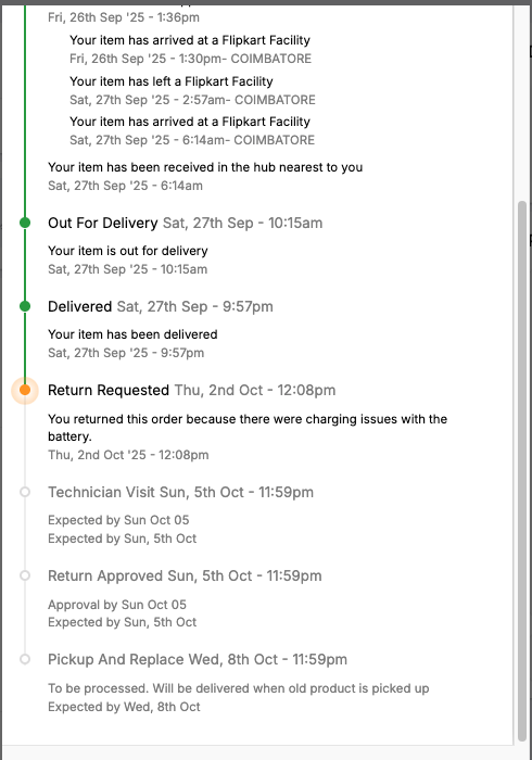 itskathir_'s tweet photo. Order: OD335571452329379100 | Phone: Motorola g45 5G
Delivered 27 Sep → Return raised for battery issue on 2 Oct. Flipkart scheduled tech visit by 5 Oct, but nobody came.
@FlipkartSupport @Flipkart https://t.co/qdv8gLSfe7