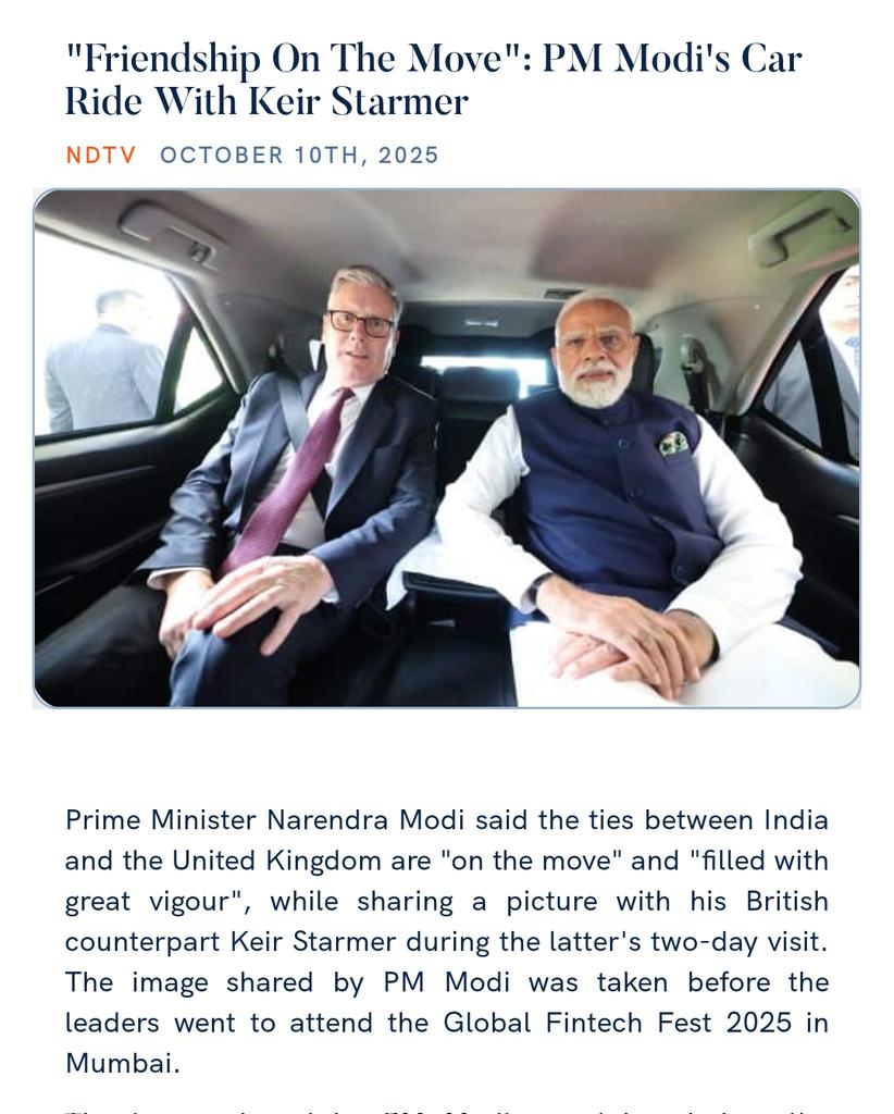 PMOIndia's tweet image. "Friendship On The Move": PM @narendramodi's Car Ride With UK PM @Keir_Starmer
ndtv.com/india-news/fri…
via NaMo App
