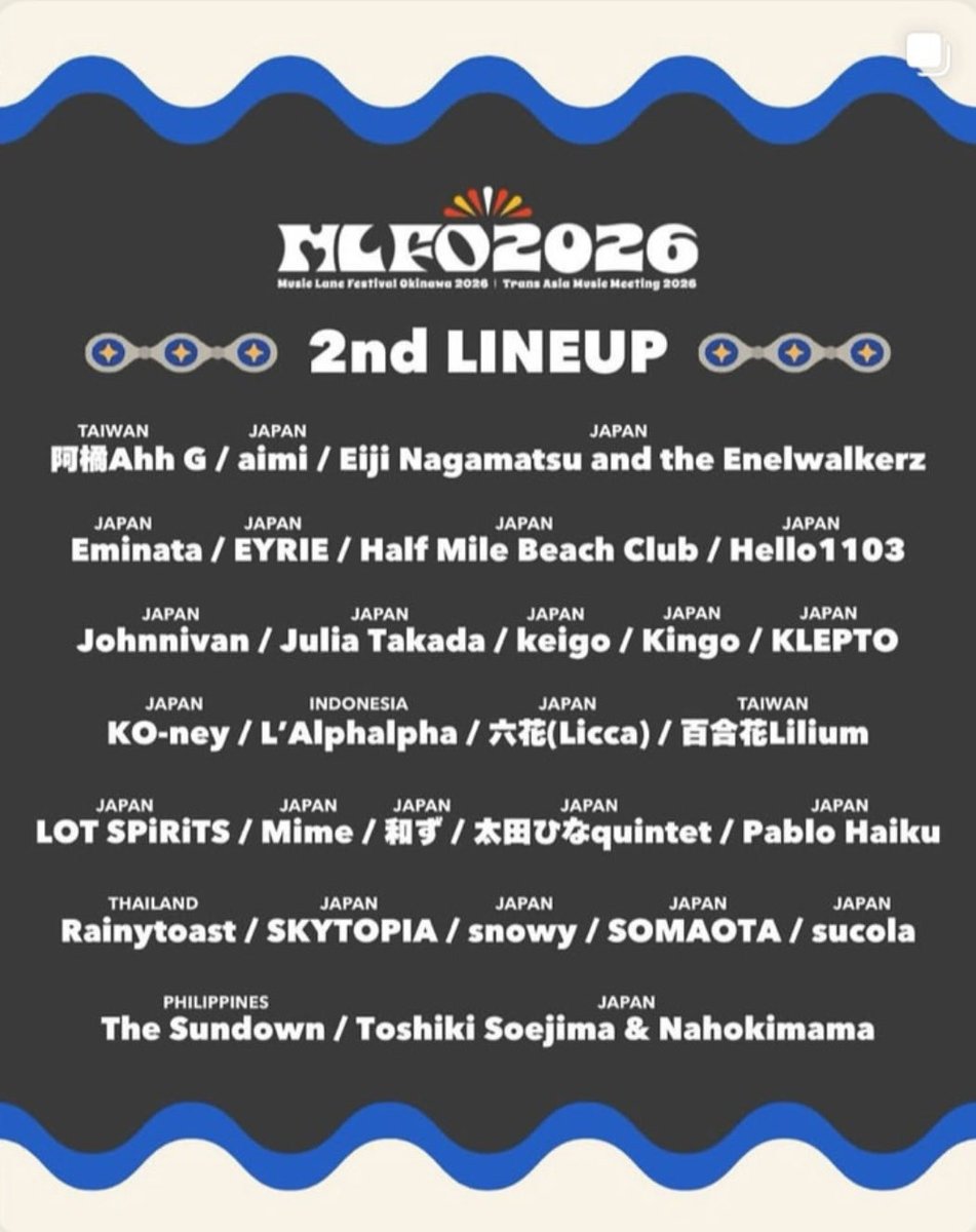 Music Lane Festival Okinawa 2026海外勢まとめ
台湾
山姆someshiit
林潔心 ddkogi88
百合花 Lilium
阿橘 AhhG

韓国
Asian Spice House

タイ
SIN×AOI YAMAZAKI
JŪJI 
Rainytoast 

インドネシア
ANNISHA 
L’Alphalpha

フィリピン
One Click Straight
THE Sundown

マレーシア
Straw 林水草
