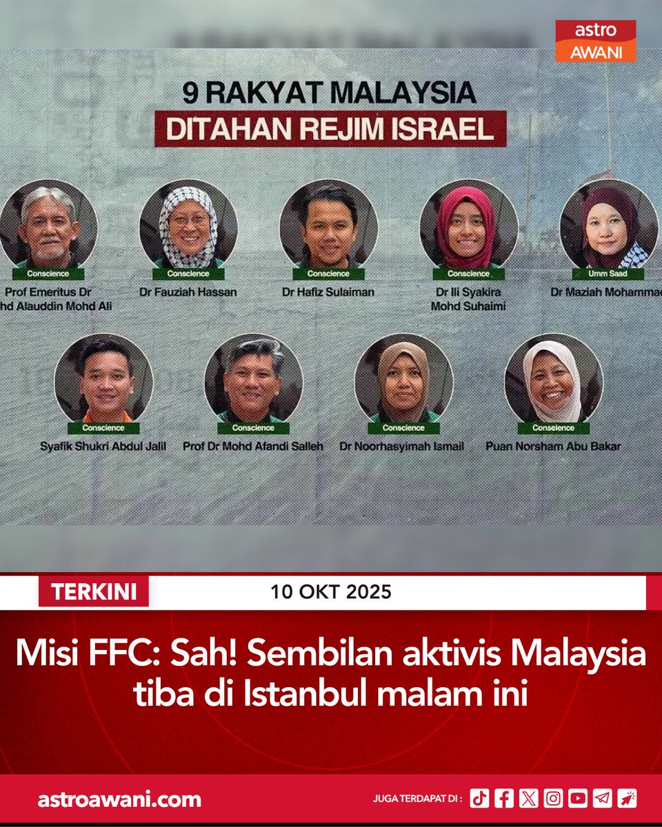 Kesemua sembilan aktivis Malaysia termasuk wartawan Astro AWANI, Syaff Shukri, yang diculik tentera Israel ketika menyertai pelayaran kapal Conscience anjuran Freedom Flotilla Coalition (FFC), disahkan akan tiba di Istanbul malam ini.

Astro AWANI difahamkan kesemua mereka akan