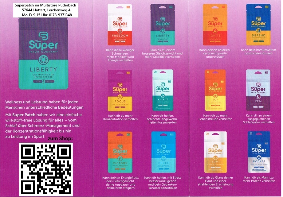 Die neue Generation der Hausapotheke: Wirkpflaster, die dein Immunsystem aktivieren. Gezielt eingesetzt, lindern sie viele Beschwerden, ganz ohne Nebenwirkungen. Patches zum Testen im Superpatch Store, Hattert, Lerchenweg 4. Beratung: 0178-9371348 oder 123patch.de.