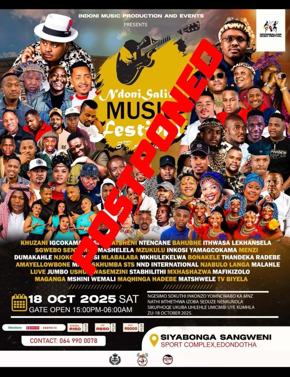 The Ndoni Saliwa Music Festival, originally planned for this weekend, is postponed to October 18 due to Nathi Mthethwa’s funeral. Organizer Ndunakazi Saliwa cited respect for elders, as the Siyabonga Sangweni Sport Complex will host the funeral.
<a href="/crediblesource_/">Credible Source DUT</a>