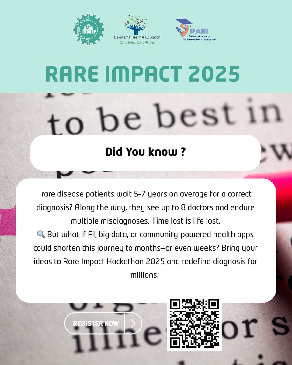 Rare disease patients wait 5–7 years for the right diagnosis, seeing 8 doctors &amp; enduring misdiagnoses.

What if AI, big data &amp; community apps could cut that to months—or weeks?

Join Rare Impact Hackathon 2025 (dakshamahealth.org/Hackathon.html) &amp; help redefine diagnosis.