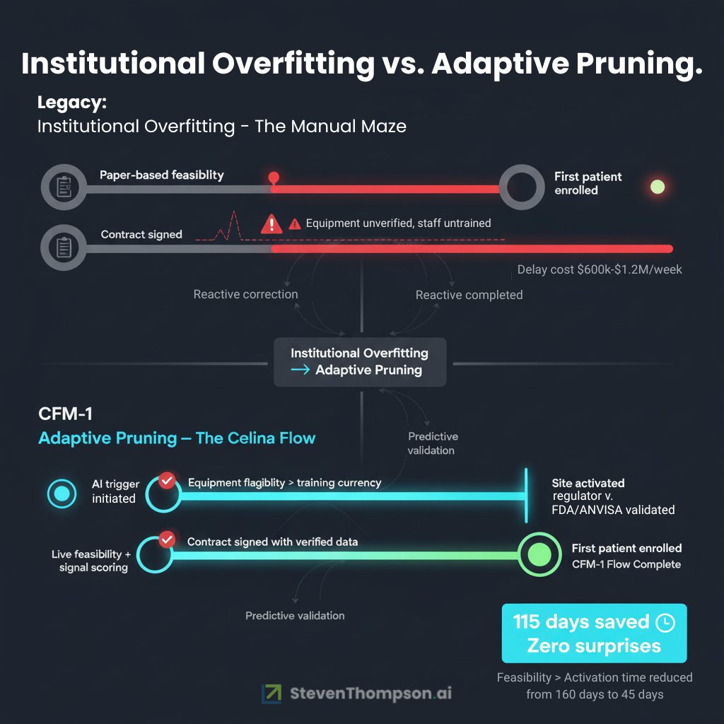 AIwithSteven's tweet image. In machine learning, &quot;pruning&quot; removes low-signal weights to make models faster.

In clinical trials, we just discovered the same principle applies to operations.

Equipment lists. Feasibility forecasts. SOP templates.

They&apos;re all operational priors that drift while reality…