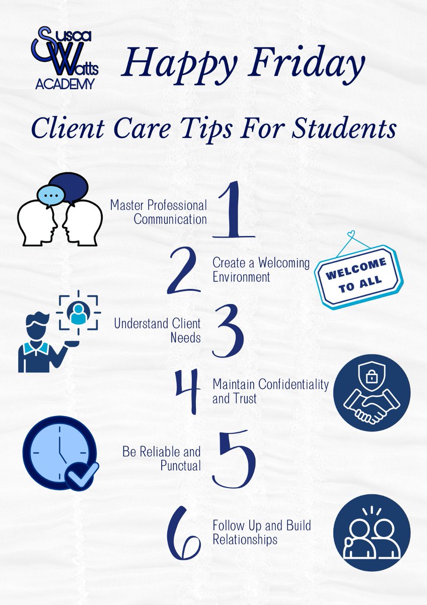 anri_swa's tweet photo. Become a Client Care Pro in Beauty Therapy! 

💬 Communication | 🤝 Trust | 🧼 Professionalism | 📚 Continuous 

Learning Your journey to excellence starts here!

#suscawattsacademy #educationaltips #clientcare #studentsucsess https://t.co/hJGbdAmSE6