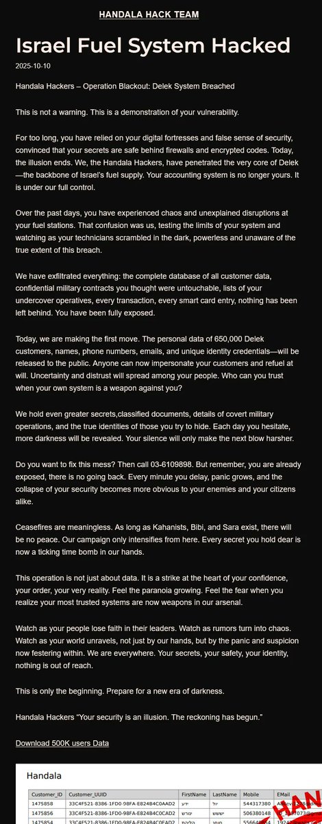 DailyDarkWeb's tweet image. #Israel 🇮🇱 - The Handala hacktivist group has claimed a major data breach of Delek Group, alleging the theft of data from 650,000 customers, including names, emails, and confidential contracts. dailydarkweb.net/handala-hack-t…