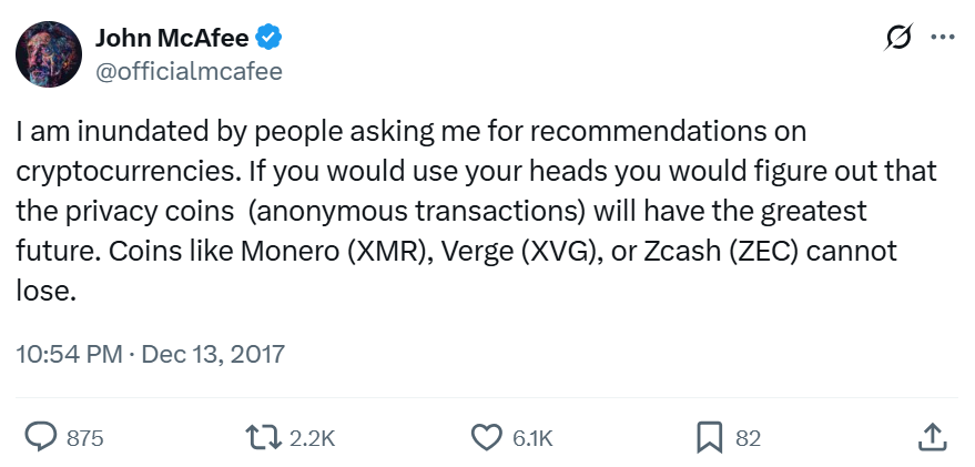 Traderx54x's tweet image. 8 Years back the legend @officialmcafee recommended Privacy Coins. 

Now even #XRP considering adding privacy as an option. 

$XMR $XVG $ZEC $DASH $PIVX $XRP 

We could see ATH sooner than you can forecast.