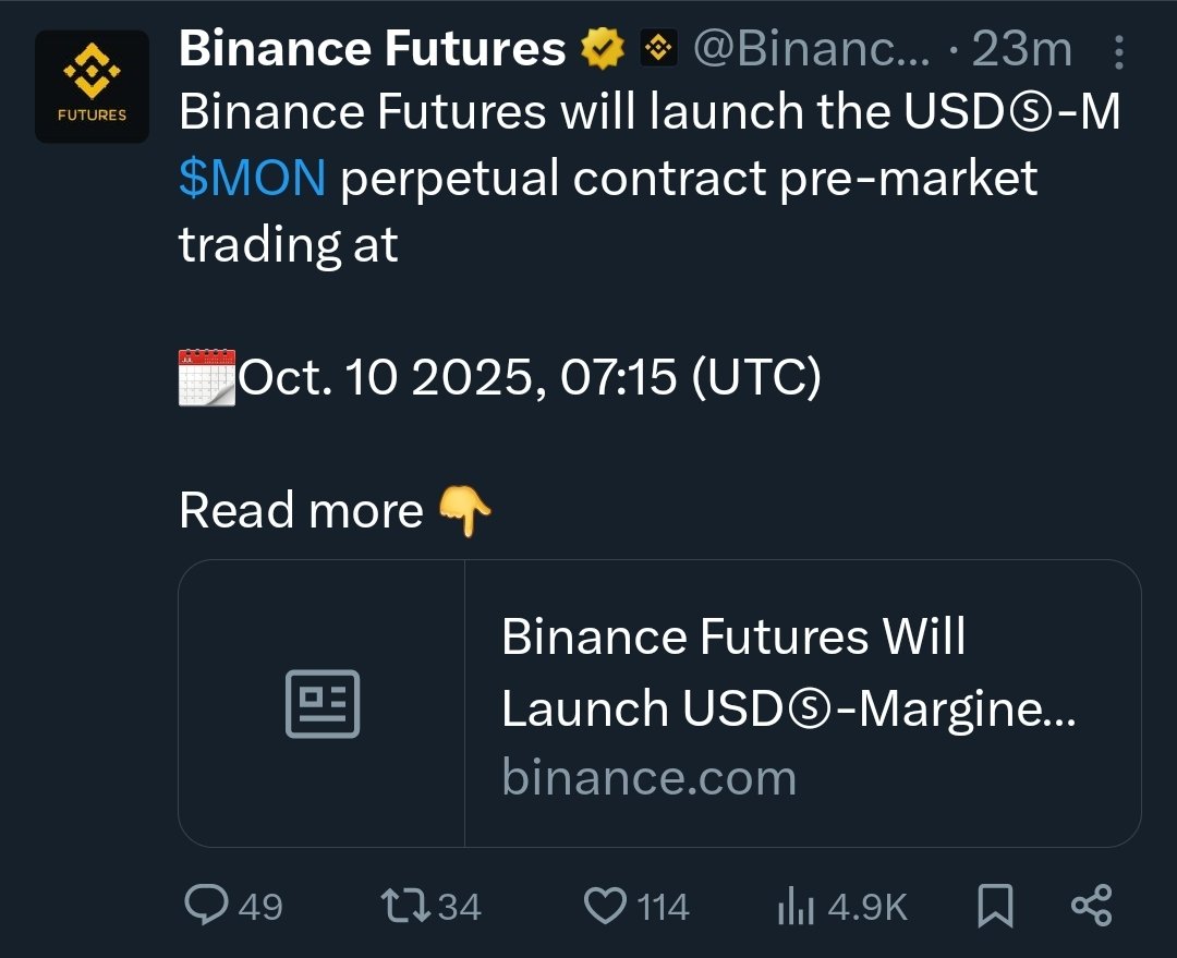 Binance listing $MON in Pre-Future market soon
