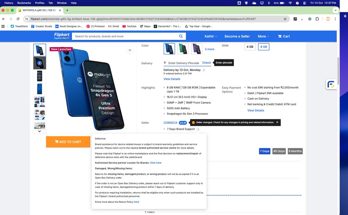 itskathir_'s tweet photo. @flipkartsupport @motorolaindia And here’s the shocking part — before buying, the page clearly showed “7 Days Brand Support” without explaining that it means no Flipkart return, only brand claim after delivery.
After delivery, this hidden clause appears.
This is misleading and anti-consumer.
Attaching proof SS. https://t.co/7K1S3PIFP5