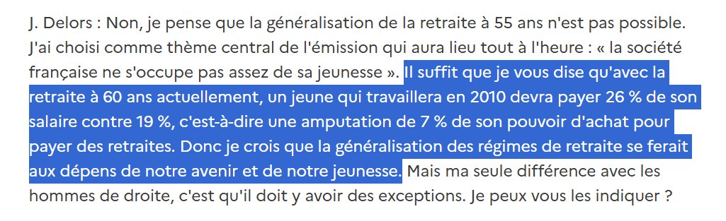 En 1991, Rocard mettait en garde contre "une guerre des générations" par aveuglement démographique

En 1997, Delors avertissait que la #retraite à 60 ans asphyxierait les actifs et se ferait "aux dépens de notre avenir et notre jeunesse"⬇️

Nous avons été prévenus. Nous y sommes.