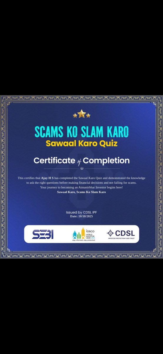 AjayHs9's tweet photo. > Just completed the investor awareness quiz by @CDSLIndia 🎉  
> Big kudos to CDSL for empowering investors to ask the right questions &amp; avoid scams.  
> Sawaal Karo, Scams Ko Slam Karo!  
> Feeling proud to be an #AtmanirbharInvestor 💪📈 https://t.co/mwICpUHVUr
