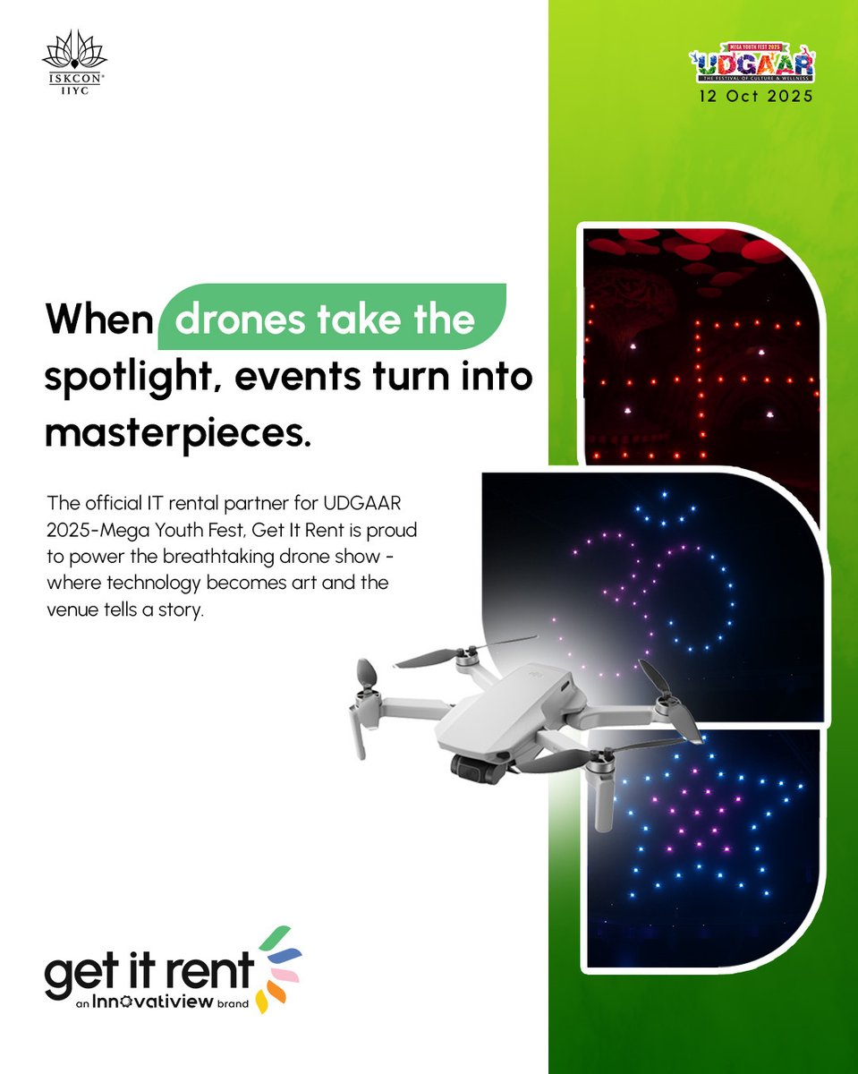 rent_get's tweet image. ✨ When drones take the spotlight, events turn into masterpieces! 🚀
Proud IT rental partner for UDGAAR 2025, powering a breathtaking drone show where tech meets art &amp;amp; the sky tells a story.🌌

#Iskon #GetItRent #Innovatiview #Udgaar2025 #TechPartner #Indoordroneshows #Droneshow
