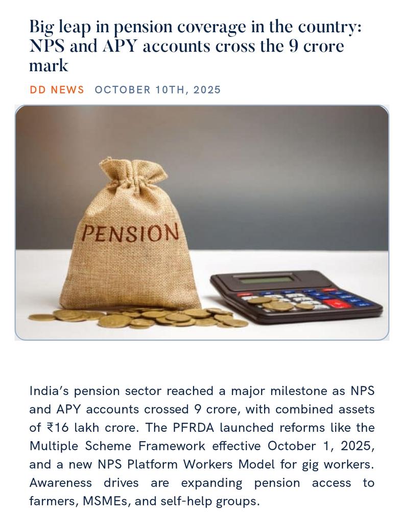 PMOIndia's tweet image. Big leap in pension coverage in the country: NPS and APY accounts cross the 9 crore mark
ddnews.gov.in/indias-pension…
via NaMo App