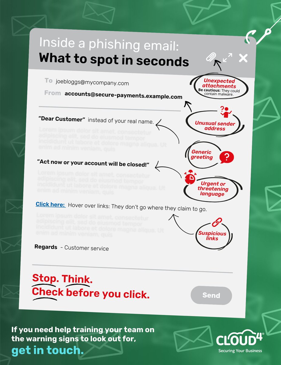 cloud4tech's tweet image. Phishing emails are getting SMARTER. They’re when cyber criminals pretend to be someone you trust, to get you to click a suspicious link.

Think you or your team could spot one in seconds?

Sometimes the clues are obvious. If you know where to look…