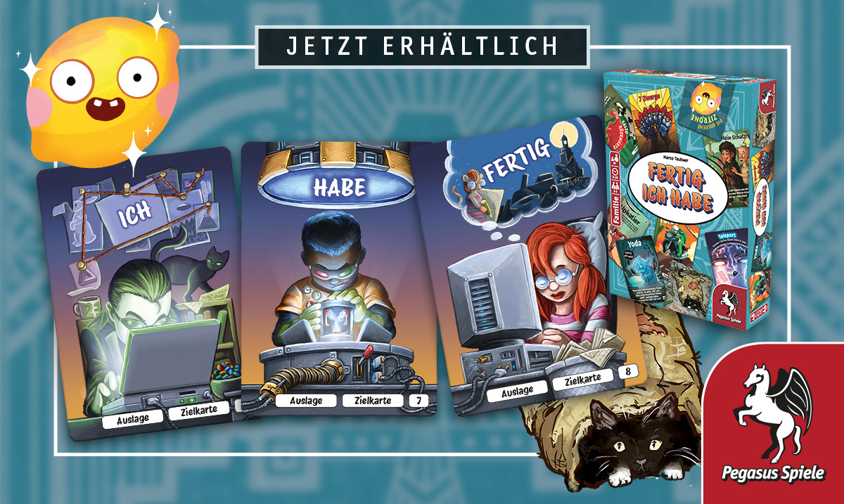 Das Chaos geht in die nächste Runde! FERTIG ICH HABE ist ein eigenständiges Kartenspiel, das sich mit ICH HABE FERTIG kombinieren lässt. Ziel ist es, die Karten FERTIG, ICH und HABE zu sammeln. Doch 83 Karten mit allerlei Effekten mischen alles gehörig auf.

Jetzt erhältlich!