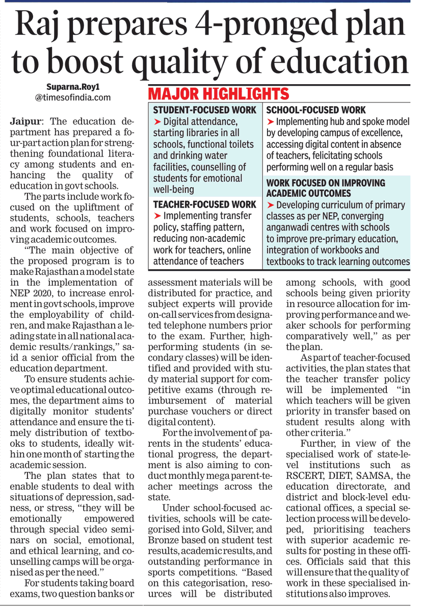 suparnaTOI's tweet photo. #Rajasthan edu dept prepares 4-part plan for strengthening foundational literacy in students &amp; enhancing quality of edu in govt schools
-Focus on upliftment of students
-Upliftment of schools
-Improving facilities for teachers
-Focus on improving academic outcomes @timesofindia https://t.co/V9QRMYRMPQ