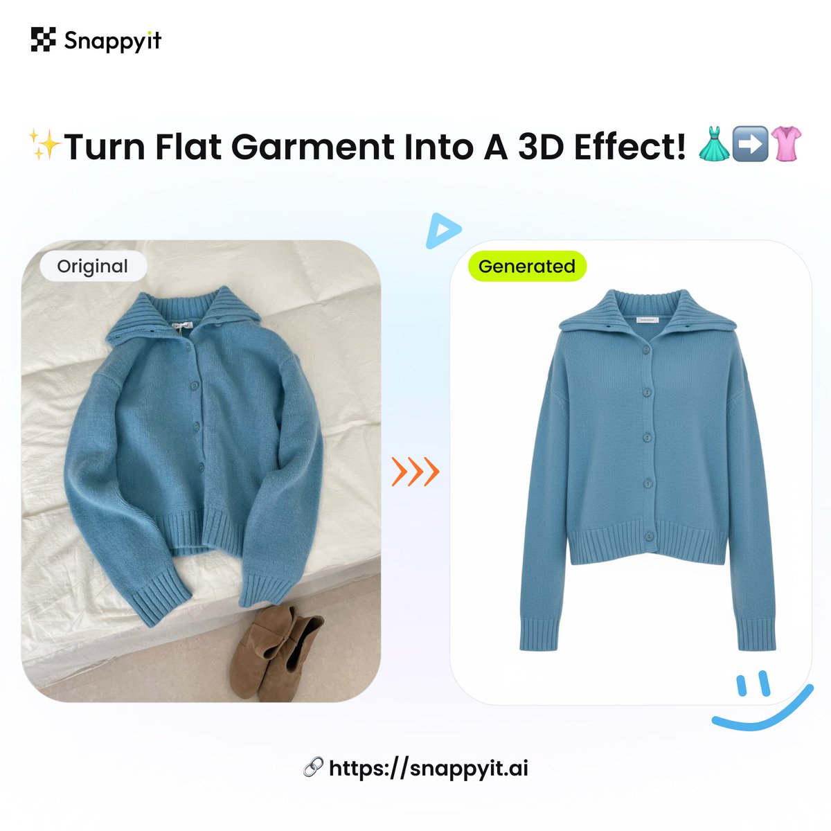 LoveSnappyit's tweet photo. ✨ Swipe left to see the magic! ✨
Turn every flat garment into a 3D effect! 👗➡️👚
Follow us and DM "3D" to win free credits! 

🚀 Register now and unlock your fashion transformation! #Snappyit #FashionTech #TryItNow #FreeCredits https://t.co/i1fERjRBhI