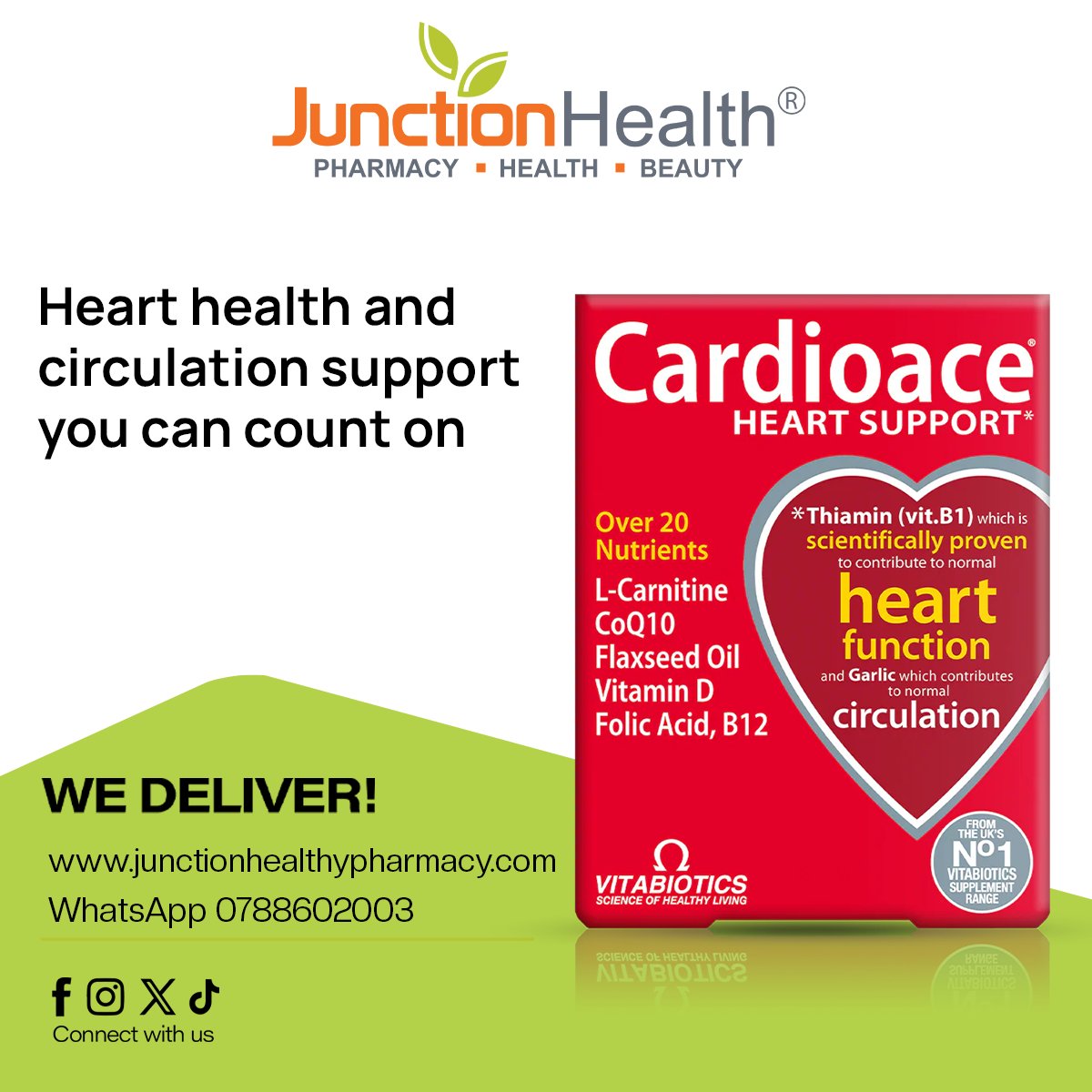 JunctionHPharm's tweet image. Keep your heart strong with Cardioace – your daily support for heart health &amp;amp; circulation! 💪
With 20+ nutrients like L-Carnitine, CoQ10 &amp;amp; Vit B1 for energy &amp;amp; vitality.
🛒 Order now: junctionhealthypharmacy.com
💬 WhatsApp: 0788602003
#Cardioace #HeartHealth #CirculationSupport