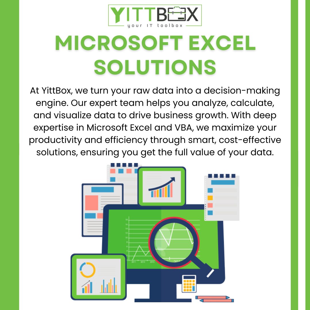yittbox's tweet image. Turn your spreadsheets into strategy! 💡✨
At YittBox, we unlock the full power of Microsoft Excel, transforming your raw data into actionable insights that drive smarter, faster business growth. 📈
#MicrosoftExcel #ExcelSolutions #DataAnalytics #BusinessIntelligence #YittBox