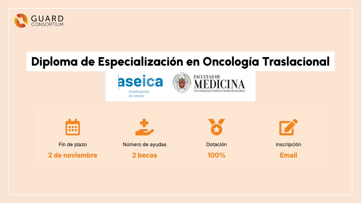 🎓 GUARD Consortium lanza 2 becas para cursar el Diploma de Especialización en Oncología Traslacional <a href="/ASEICAnews/">ASEICA</a> – <a href="/FMedicinaUniCM/">Facultad de Medicina UCM</a> 2026.

📅 Plazo: del 13 de octubre al 2 de noviembre
🎯 Dirigido a Faculty Members de GUARD

Requisitos y cómo aplicar 👉 guardconsortium.org/investigacion/…