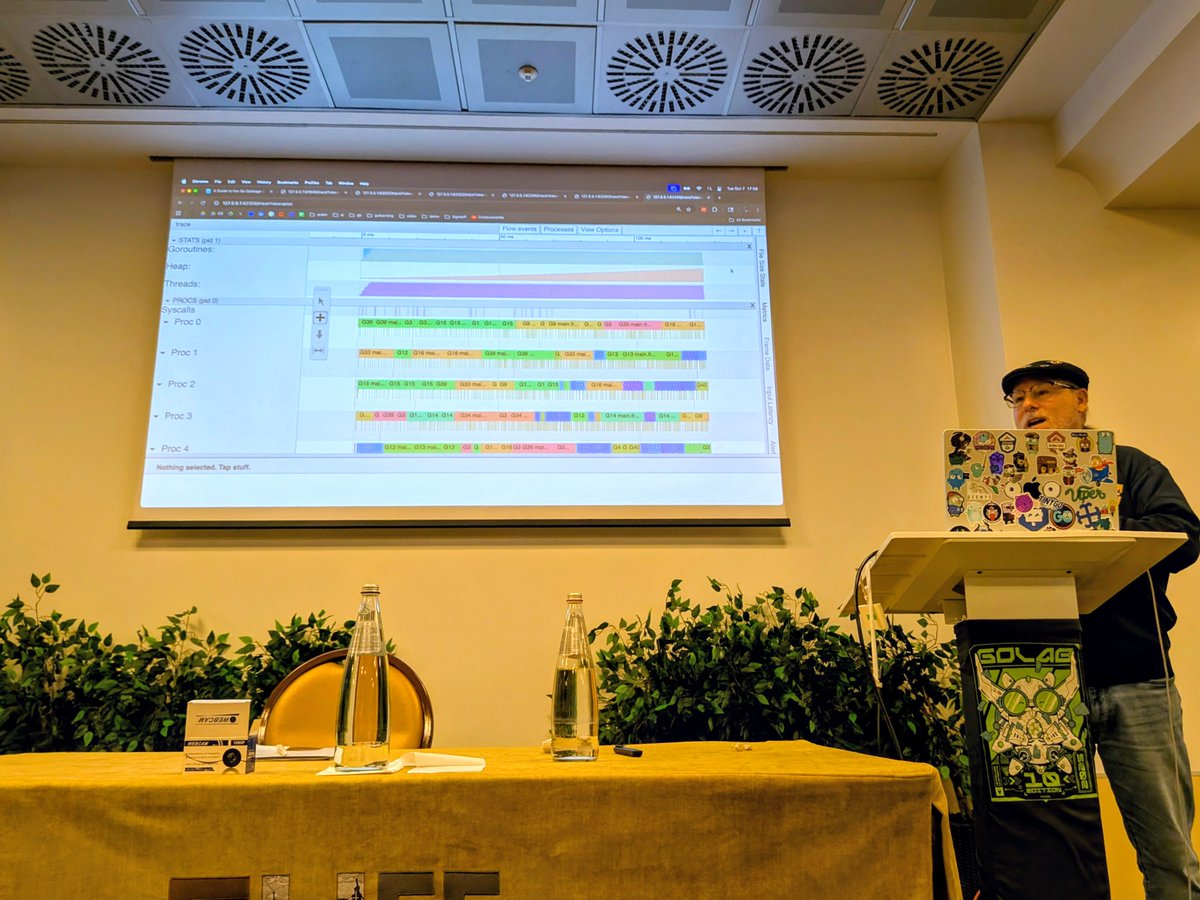 konradreiche's tweet image. My time at @golab_conf came with jet lag. But leave it to @goinggodotnet to close out and make it feel like three espressos. An immersive talk on the Go trace tool providing an intuition for balancing concurrency in light of the garbage collector with respect to CPU vs. memory.