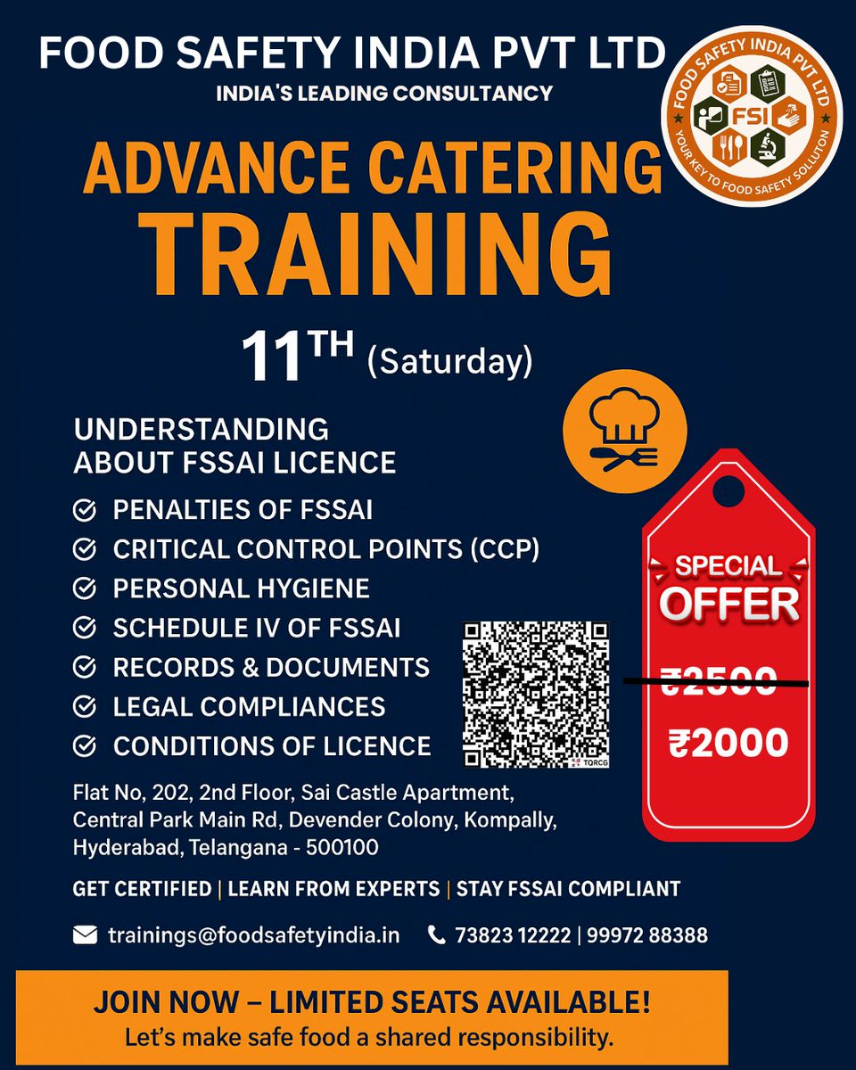 FoodSafety14991's tweet photo. π£ Advance Catering Training β 11th (Saturday)!
Learn FSSAI Licence, Hygiene, Legal Compliances & more.
Get certified & stay with Food safety india pvt ltd
#FoodSafetyIndia #FSSAITraining #CateringWorkshop #SafeFoodHealthyLife #HyderabadEvents #FSSAICompliance #LearnWithExperts https://t.co/8M8GpHp38x