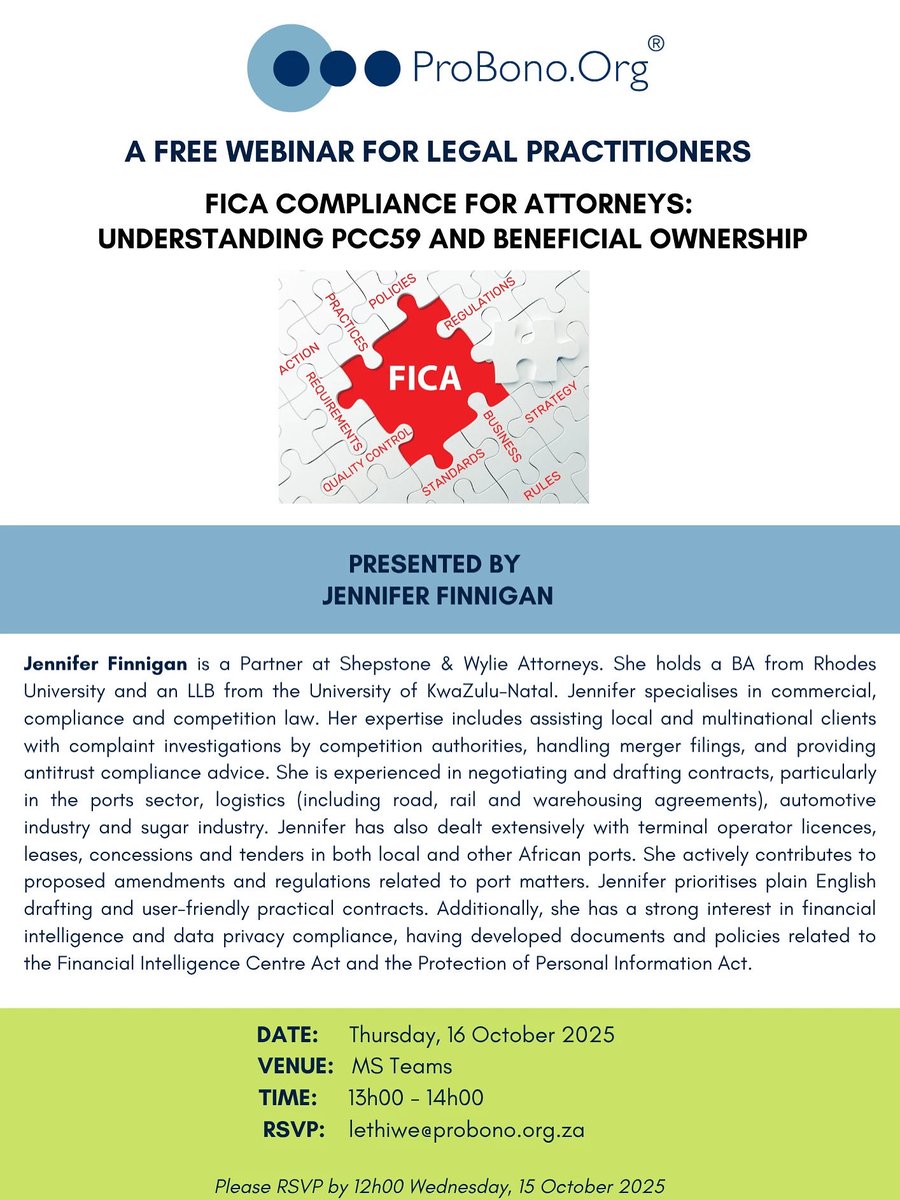 Join us for a webinar on FICA Compliance for Attorneys: Understanding PCC59 and Beneficial Ownership.

📌 Presented by: Jennifer Finnigan, Partner at Shepstone &amp; Wylie Attorneys. 

RSVP: lethiwe@probono.org.za by 12:00 on Wednesday, 15 October 2025