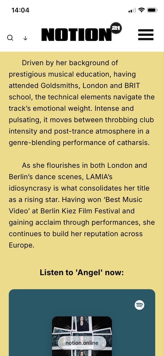 lamiamusicuk's tweet photo. ‘A rising star’ premiered by the iconic @notion magazine, I am so proud to share that Angel (prod. LAMIA) is out today! 🪽

https://t.co/TvGypcG8Zc

Thank you @notion ♥️ #music #newmusicfridays #experimentalmusic #electronicmusic https://t.co/N6mUk4CA0S