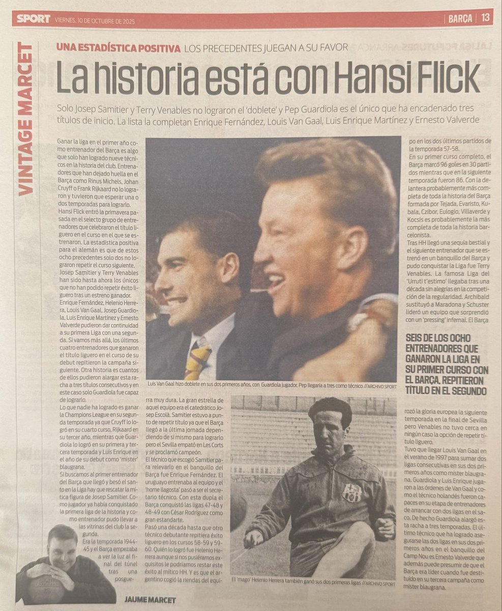 Hoy en <a href="/sport/">Diario SPORT</a>, la historia con Flick. Seis de los ocho entrenadores que ganaron la Liga con el <a href="/FCBarcelona_cat/">FC Barcelona</a> en el primer año, repitieron el segundo. Valverde, Van Gaal, Guardiola, Enrique Fernández, Helenio Herrera y Luis Enrique lo consiguieron. Escrito por <a href="/jaumemarcet/">Jaume Marcet</a>.