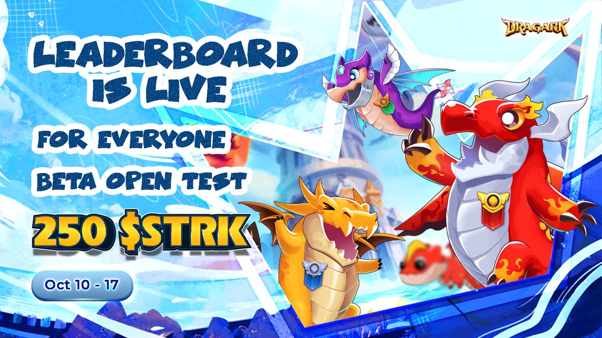 playDRAGARK's tweet image. The Leaderboard Beta Open Test S2 is LIVE NOW! 🔥

⚔️ OPEN TO EVERYONE at beta.dragark.net
💸 250 $STRK prize pool

The competition is fiercer than ever! 
Don&apos;t just settle for the Top 10 — secure that 🥇 spot now! 

#DragarkBetaTest #Leaderboard #Starknet #Onchaingames