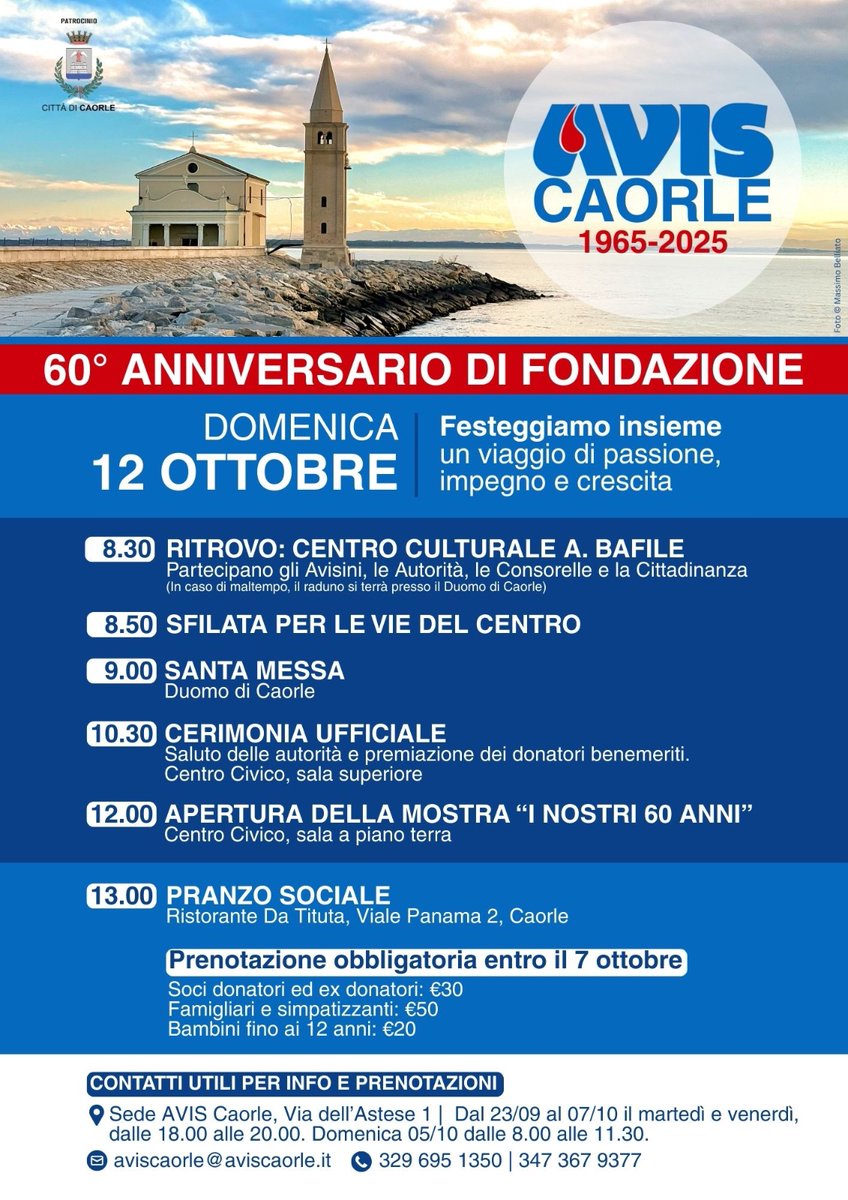 💉🩸 Domenica 12 ottobre: le celebrazioni per il 60° anniversario dalla costituzione di Avis Caorle ➡️ comune.caorle.ve.it/novita/le-cele… | #caorle #caorlenews <a href="/avisnazionale/">avisnazionale</a>