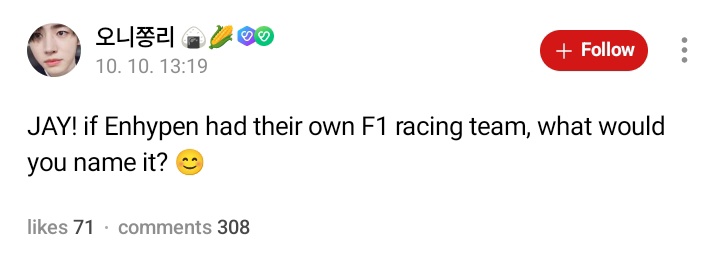 enhypenweverse's tweet image. [ #제이’s Reply ] 251010

OP: Jay! if Enhypen had their own F1 racing team, what would you name it? 

🐈‍⬛: Samsung Enhypen Prada F1 team
🐈‍⬛: Sauber style🤣🤣
🐈‍⬛: Just like the old red bull aston martin times
🐈‍⬛: Filling the rear wing with SAMSUNG
🐈‍⬛: Engraving the triangle prada…