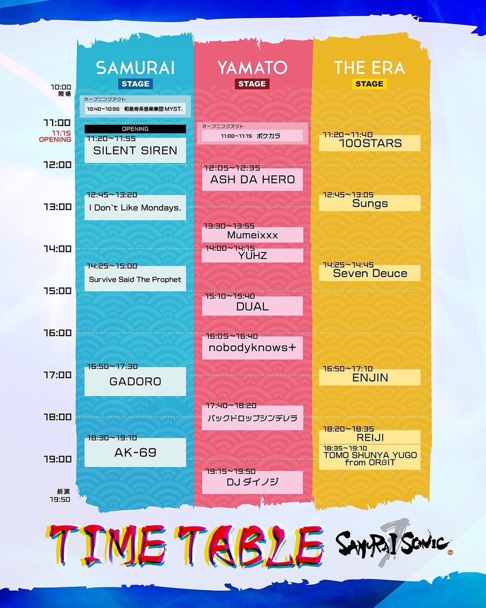 【‼️10/19 タイムテーブル公開‼️】

10/19(日) 「SAMURAI SONIC」のタイムテーブルが公開されました🖊️👀
100STARSは
＼＼ 11:20〜11:40／／
の出演となります🎤🌈

皆さま幕張メッセで一緒に盛り上がって楽しみましょう💃⚡️⚡️