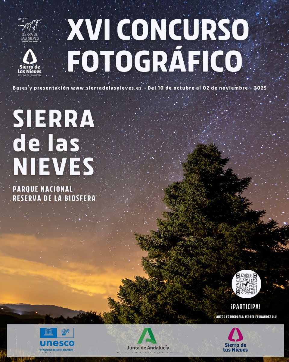 📷 ¡Participa en el XVI #ConcursoFotográfico de la #SierraDeLasNieves! 🌿
Muestra la belleza y la vida del Parque Nacional a través de tu objetivo.

🗓️ Hasta el 2 nov 2025
💡 Naturaleza | Actividades Humanas
🎁 Fotos ganadoras 👉 #Calendario2026

📲 +info: t.ly/x57jS