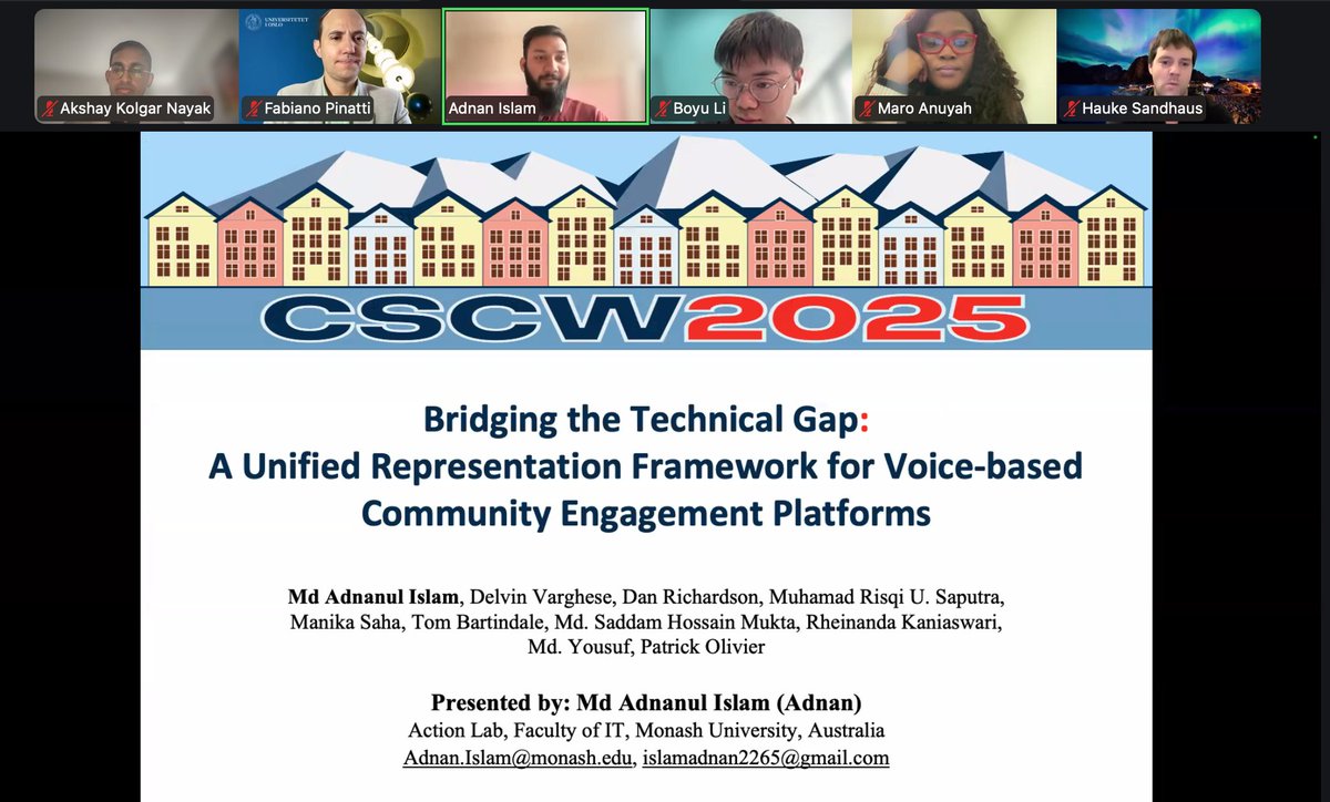 AkshayKNayak7's tweet image. Adnan Islam is now presenting &quot;Bridging the Technical Gap: A Unified Representation Framework for Voice-based Community Engagement Platforms&quot;.

#CSCW2025 @accessodu @WebSciDL